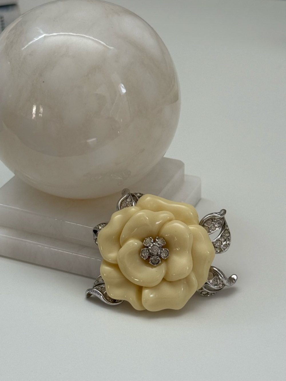 Vintage Nolan Miller Cream Lucite Camellia Rose Brooch with Rhinestones